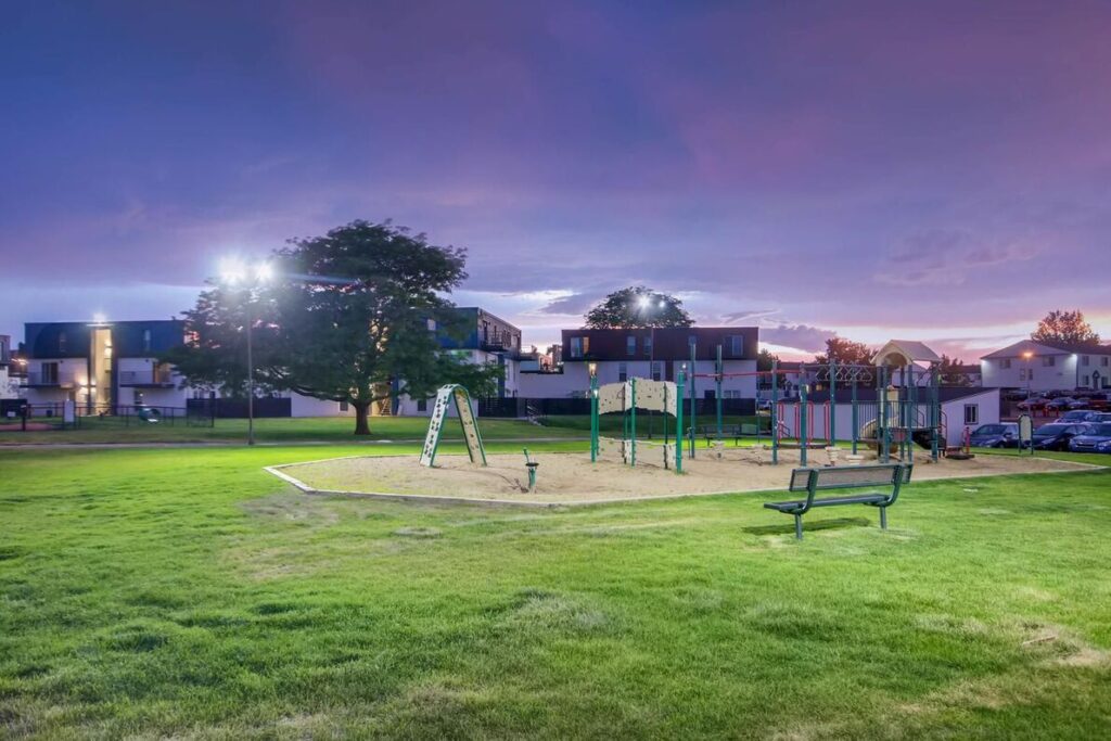 Children's playground with climbing structures