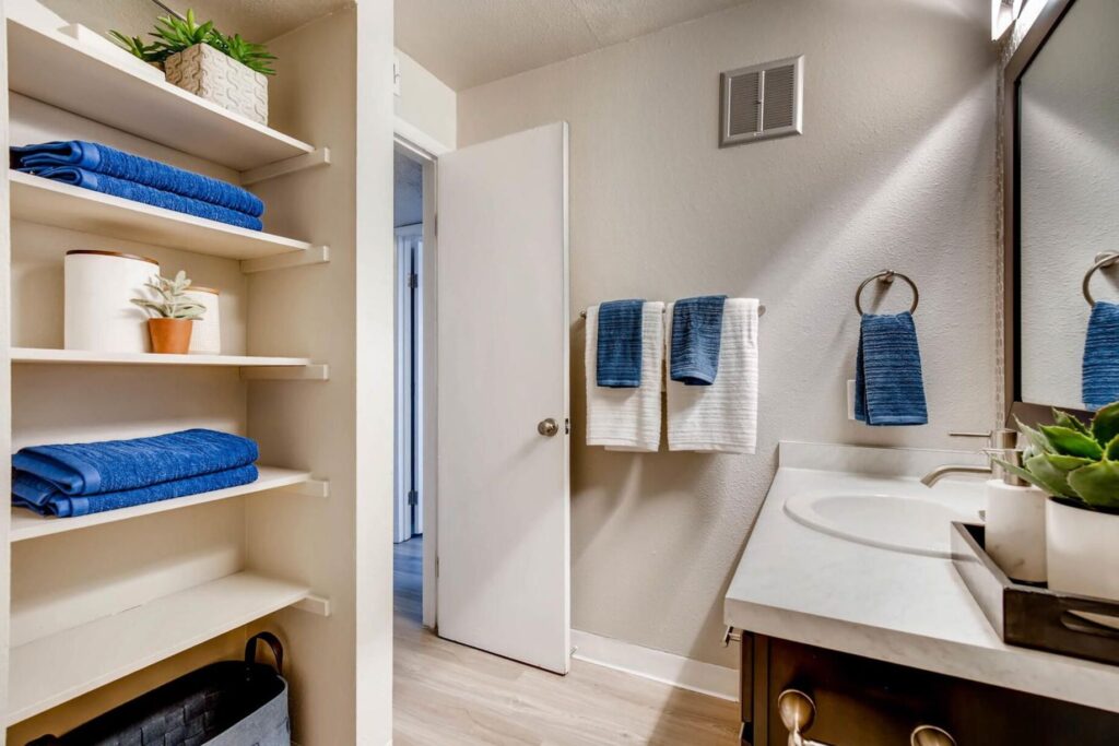 Bathroom with linen shelves